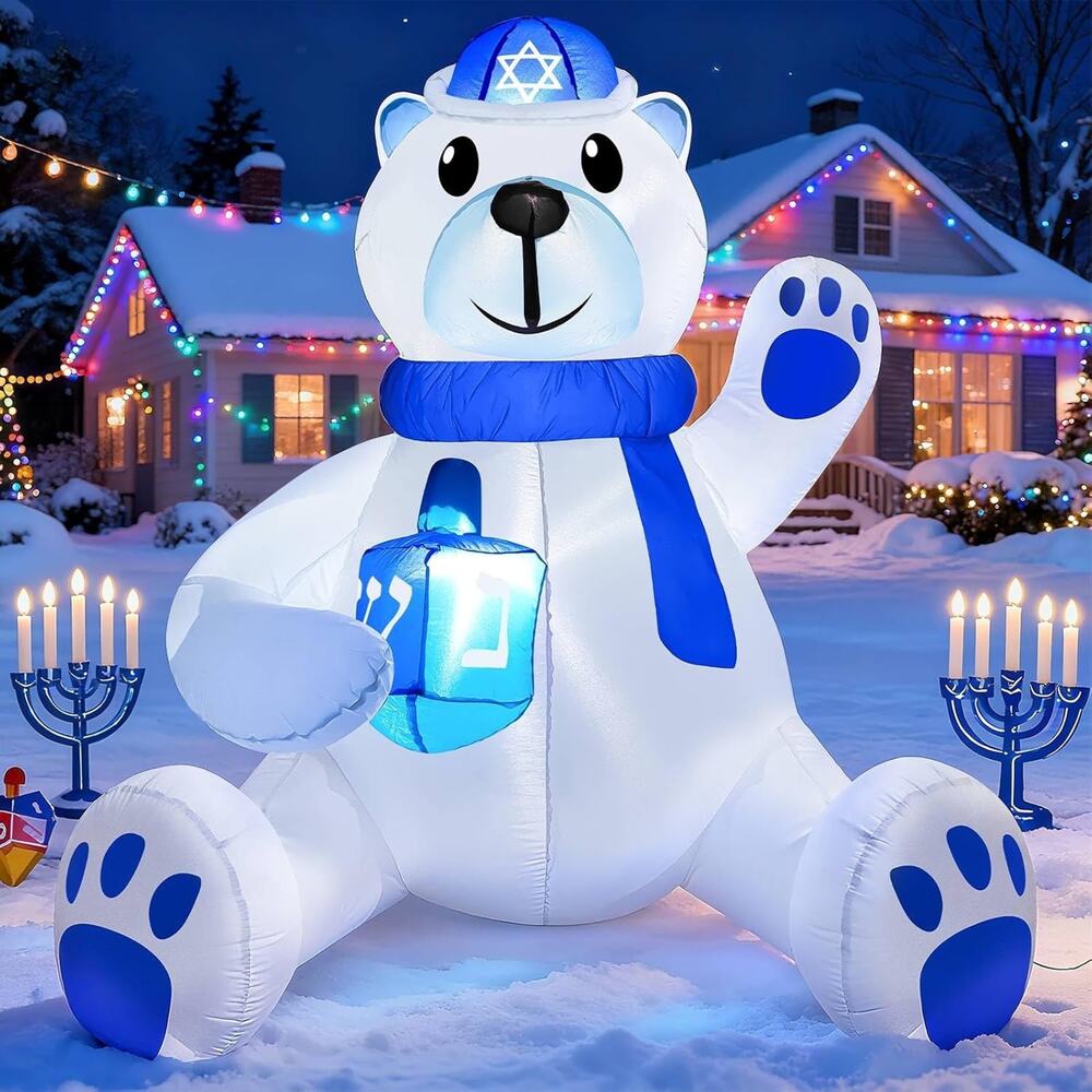 4 FT Hanukkah Inflatable Decoration Large Sitting Polar Bear Outdoor Yard Decor